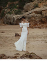 Vestido ligero con tirantes y mangas de hoja de loto blanco, minimalista, estilo francés, cola de pez de satén elástico de alta gama para boda nupcial - details 2