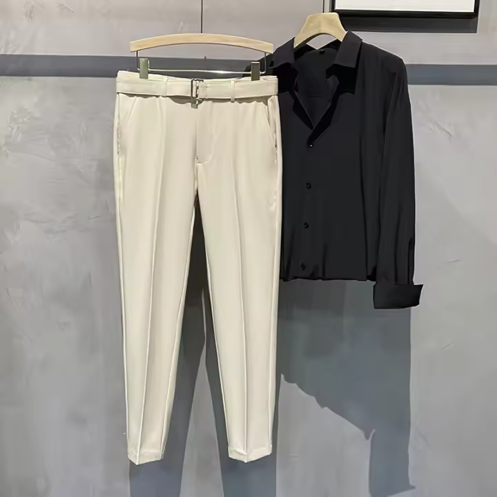 Pantalones profesionales masculinos blancos delgados, elásticos, rectos, 9 puntos - 1