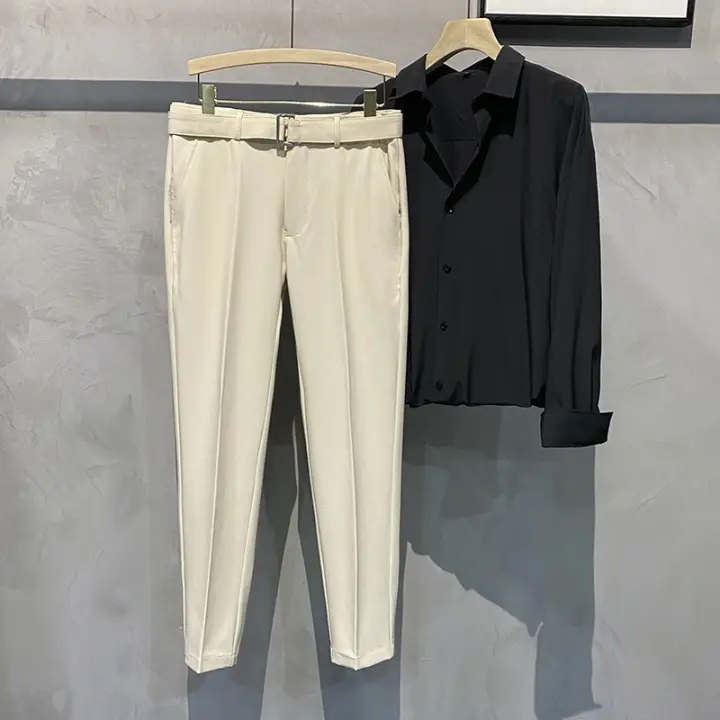 Pantalones profesionales masculinos blancos delgados, elásticos, rectos, 9 puntos - 1