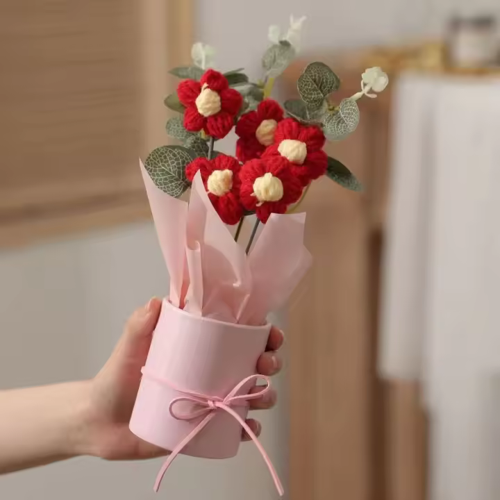 Flores de ganchillo tejidas, ramo de flores artificiales hecho a mano colorido con cubo, planta en maceta de flores artificiales para el día de la madre - 1
