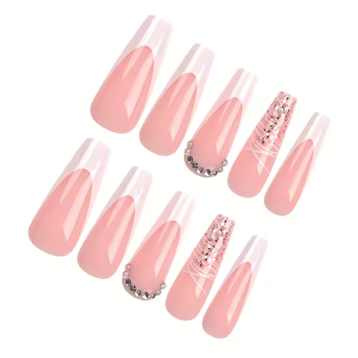 Uñas postizas rosas con decoración de diamantes de imitación, a prueba de manchas, para amantes del arte de las uñas y bloggers de belleza - 1