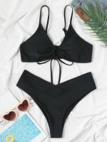 Nuevo conjunto de bikini de alta elasticidad verano 2025, sexy de dos piezas con cordones de color sólido para mujer, traje de baño de playa - details 10
