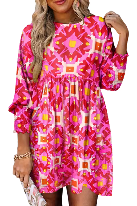 Elrachen Mini vestido de mujer con estampado geométrico y mangas largas con volantes, rosa fresa, tallas S-XL - 1