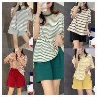 Conjunto De Pijamas Para Mujer Talla Grande Con Almohadilla Verano Estilo Coreano Moda Holgada Y Casual Verde Estampado Rayado Homewear - details 1
