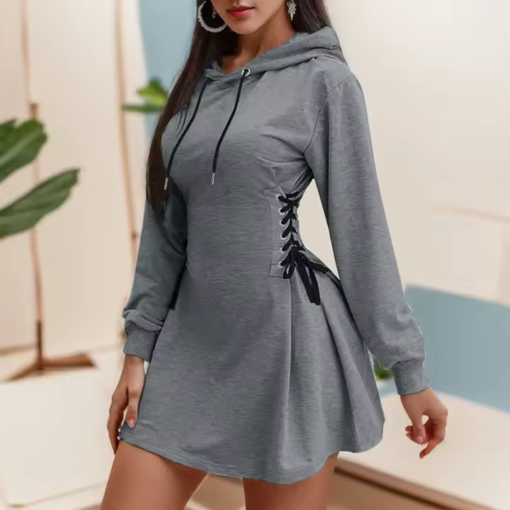 Mini vestido con capucha, cintura recta, cuello en V, mangas largas - 1