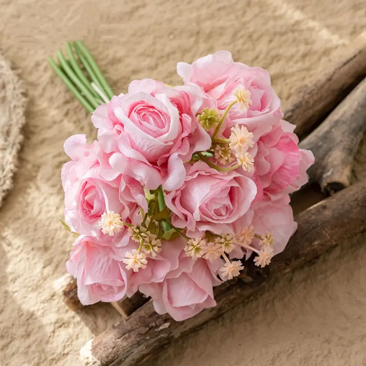 Ramo de rosas artificiales de 8 cabezas, flores de rosas de seda elegantes de tacto Real, plantas falsas de lujo hechas a mano, decoración de boda - 1