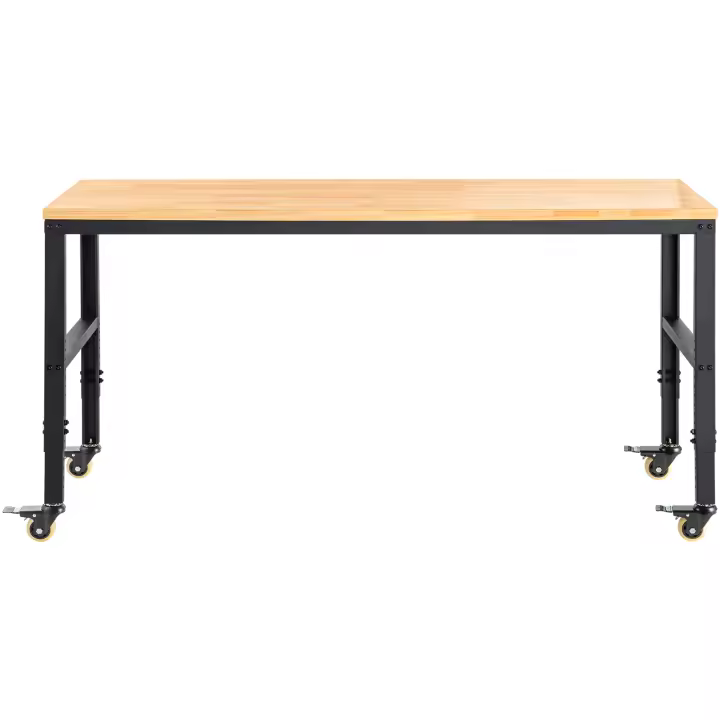 SucceBuy Banco de trabajo de altura ajustable, mesa de garaje de 155 x 51 cm, altura de 80-105 cm, capacidad de 720 kg, tomas de corriente, tablero de madera dura - 1