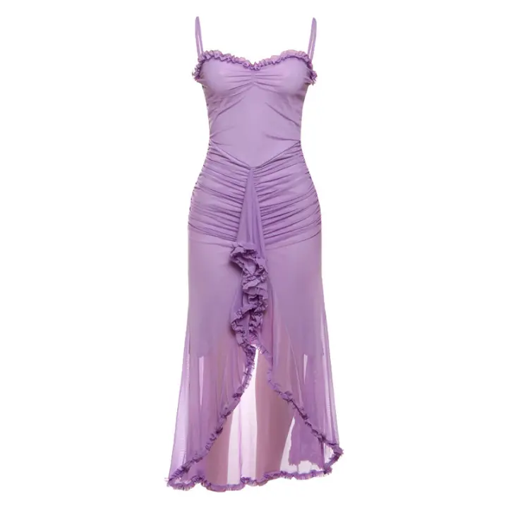 BUNO-vestidos de fiesta de malla irregulares, novedad de 2024, vestido ceñido con tirantes finos, vestido largo fruncido a la moda para mujer - 1