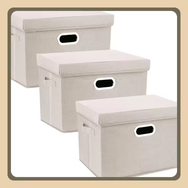 Grandes Cajas de Almacenaje con Tapa, Tela, Lavable, Cajas Organizadoras, 44x30x29 cm, Juego de 3, Beige - 1