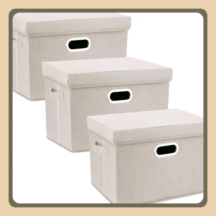 Grandes Cajas de Almacenaje con Tapa, Tela, Lavable, Cajas Organizadoras, 44x30x29 cm, Juego de 3, Beige - 1