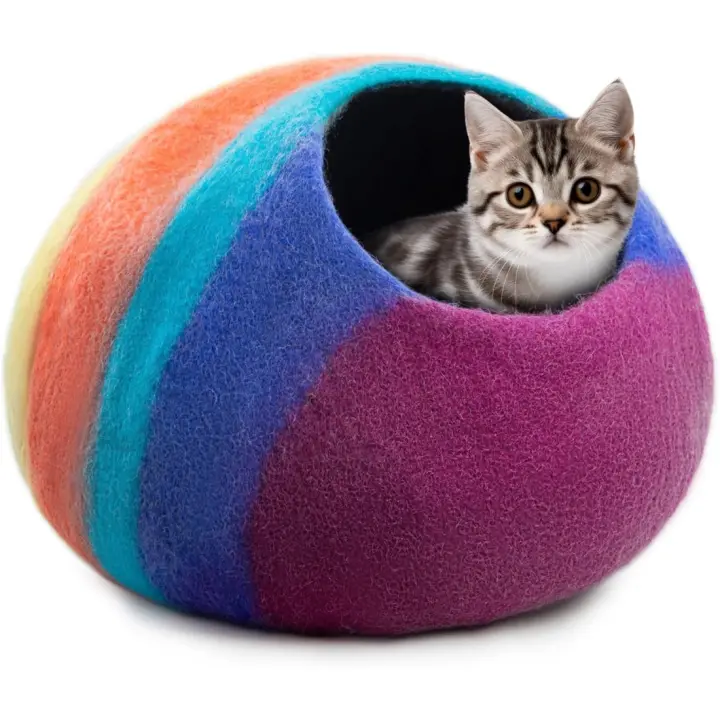 Cama Cueva de Lana para Gatos Hecha a Mano 100% Lana Merino Cueva de Fieltro Ecológica para Gatos y Gatitos Diseño de Torsión Arcoiris - 1