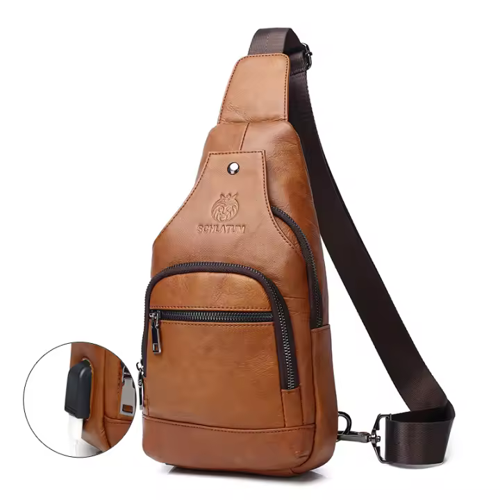 SCHLATUM Bolso de pecho de cuero para hombre con carga USB, bolso cruzado multifunción impermeable, bolso de hombro de lujo - 1
