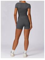 Conjunto de Yoga Sin Costuras para Mujer 2 Piezas Traje de Gimnasio con Top Corto de Manga Corta y Shorts para Correr Ropa Deportiva Activa Material Exterior de Nylon - details 13
