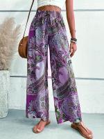 Pantalones largos sueltos informales con cintura elástica de estilo étnico con estampado digital para mujer - details 9