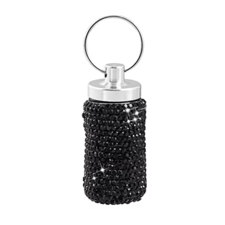 Caja para pastillas de medicina de aleación de aluminio, contenedor para pastillas con diamantes de imitación, llavero portátil ostentoso, estuche para botella de pastillas - 1