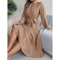 Elegante vestido corto de otoño invierno para mujer, con cuello alto, mangas plisadas y falda larga. - details 17