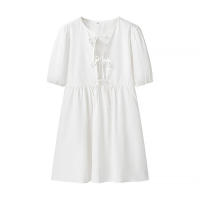 - Venta de verano de la temporada, camisas con cinturón de color puro para mujer, mini s de manga corta con cuello redondo, regular - details 1