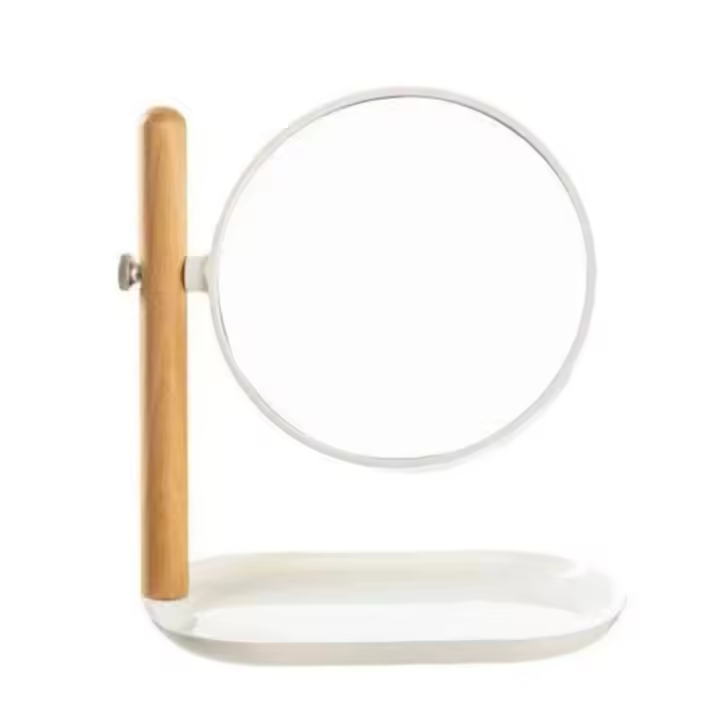 Espejo de maquillaje de escritorio de doble cara con bandeja de almacenamiento, espejo cosmético de tocador INS, soporte de madera, mesa de regalo, espejo de tocador, lápiz labial - 1