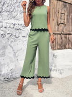 Conjuntos de verano sin mangas para mujer, trajes de 2 piezas, Tops con pantalones, Verde S - details 7
