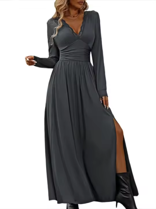 Elegante Vestido de Manga Larga para Mujer Color Sólido, Cuerpo a Justa, Corset, Línea A, Algodón, Chic - 1