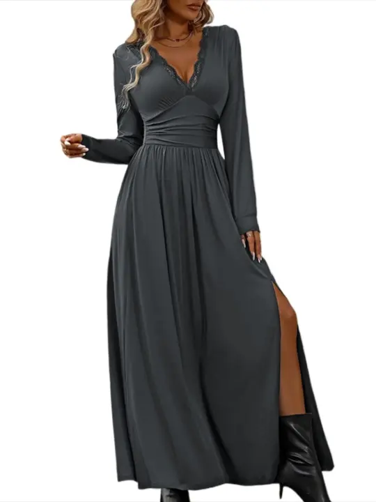 Elegante Vestido de Manga Larga para Mujer Color Sólido, Cuerpo a Justa, Corset, Línea A, Algodón, Chic - 1