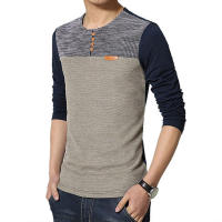 Camiseta de manga larga para hombre, camisa de cuello redondo con botones de retales, Marca novedosa de talla grande, M-5XL - details 3