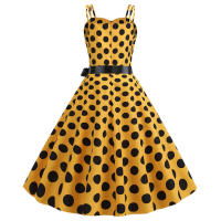 Vestido midi retro de fiesta con estampado de lunares, tirantes finos y cinturón para mujer - details 18