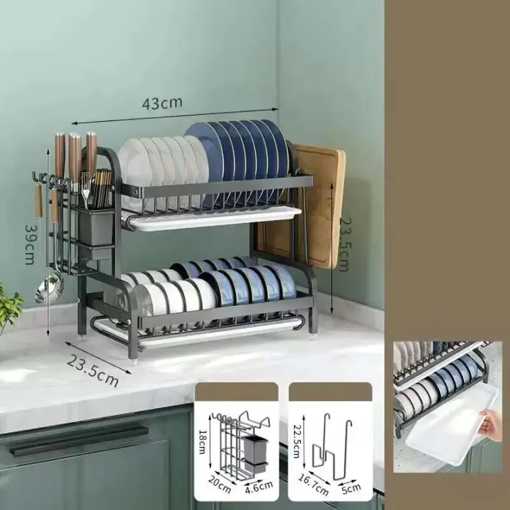 Rejilla para secar platos compactos de 2 capas, kit de drenaje grande a prueba de herrumbre con soporte para utensilios, producto nuevo para 2024 - 1