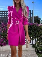Vestido de chaqueta de traje con cuello estampado de manga larga cómodo y elegante a la moda para mujer con cinturón - details 6