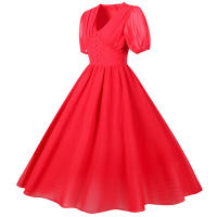 Vestido de fiesta largo vintage elegante de gasa de manga corta con farol liso de verano con cuello en V para mujer - details 24