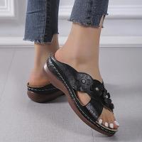 Women Floral Decor Cross Strap Slides Shoes Open Toe Low Wedge Sandals Hollow Out Solid Color Slippers - details 6