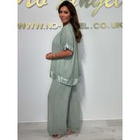 Conjunto de pantalón largo con cuello en V y ribete, informal, de talla grande, para mujer, artículo popular - details 6