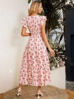 Vestido largo profesional floral casual de moda con mangas con volantes, tela elástica con cuello en V, falda larga Holida, ropa de mujer, - details 1