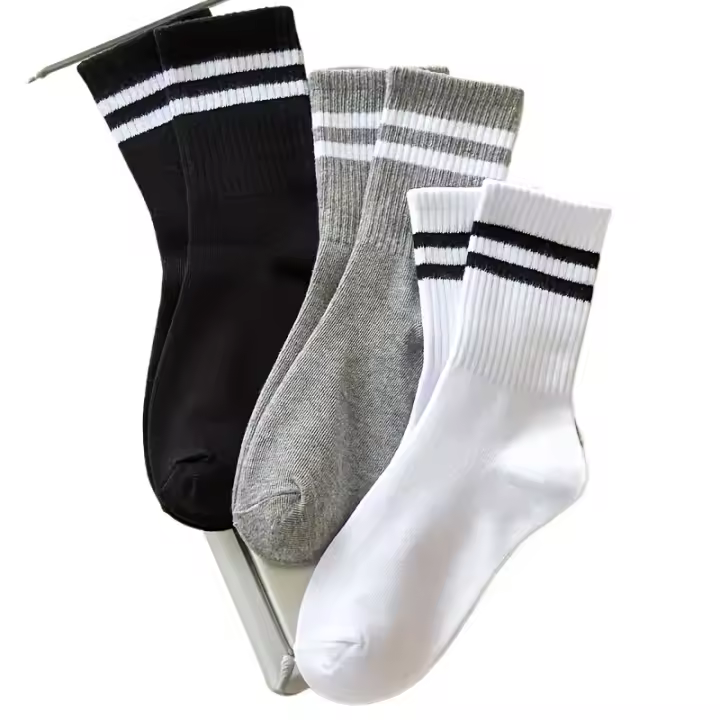 3 pares de calcetines de tobillo medio de colores mixtos - JS - Negro y blanco con 2 rayas - 1