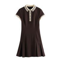 TRAFZA, moda de verano para mujer, vestido acampanado plisado ancho acanalado con contraste, vestido elegante de manga corta con cuello vuelto y botones para mujer - details 4