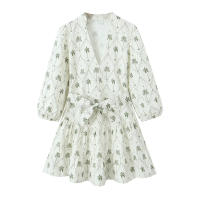TRAFZA-vestido plisado de manga corta para Mujer, ropa informal con estampado de lazo, elegante, estilo bohemio, con cuello en V, para verano - details 1