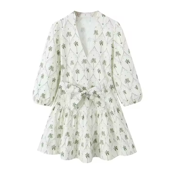 TRAFZA-vestido plisado de manga corta para Mujer, ropa informal con estampado de lazo, elegante, estilo bohemio, con cuello en V, para verano - 1