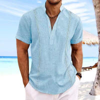 Camisa de manga corta para hombre, top de algodón y lino, color sólido, verano, europeo y americano - details 3