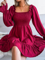 Vestido elegante de manga larga para mujer, falda de cuello cuadrado, de Color sólido vestido de volantes, moda de primavera y otoño - details 17