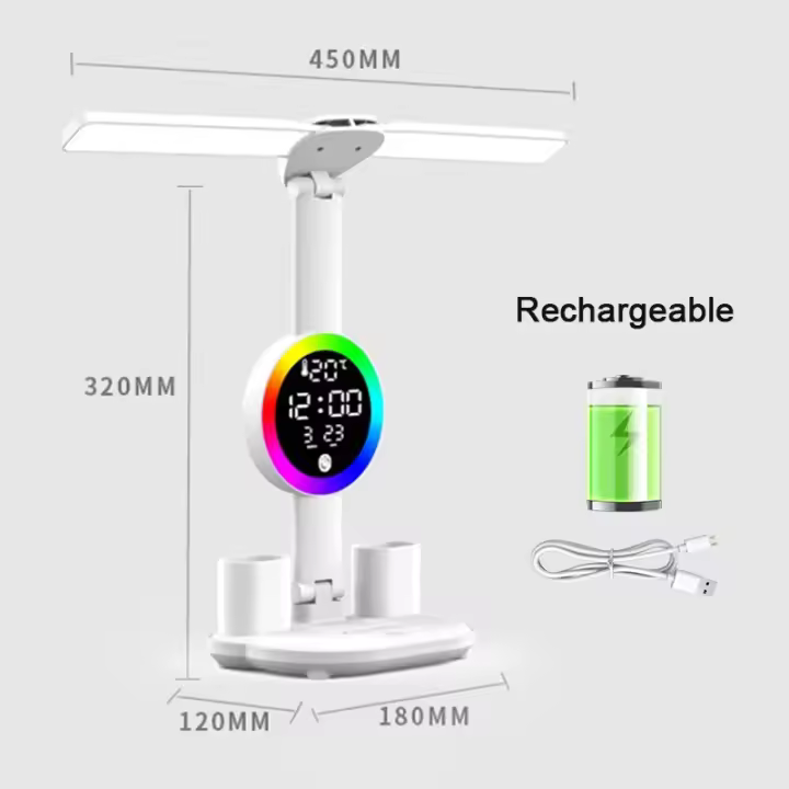 Lámpara de mesa Led recargable para estudio, lámpara de escritorio, luz de lectura, luz nocturna Led con ventilador, reloj Led, pantalla, luz de escritorio de lectura - 1