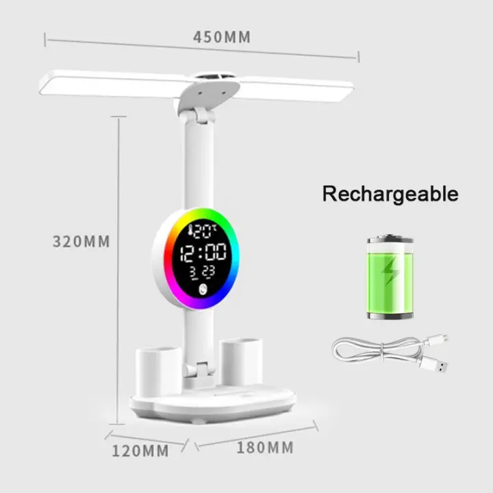 Lámpara de mesa Led recargable para estudio, lámpara de escritorio, luz de lectura, luz nocturna Led con ventilador, reloj Led, pantalla, luz de escritorio de lectura - 1