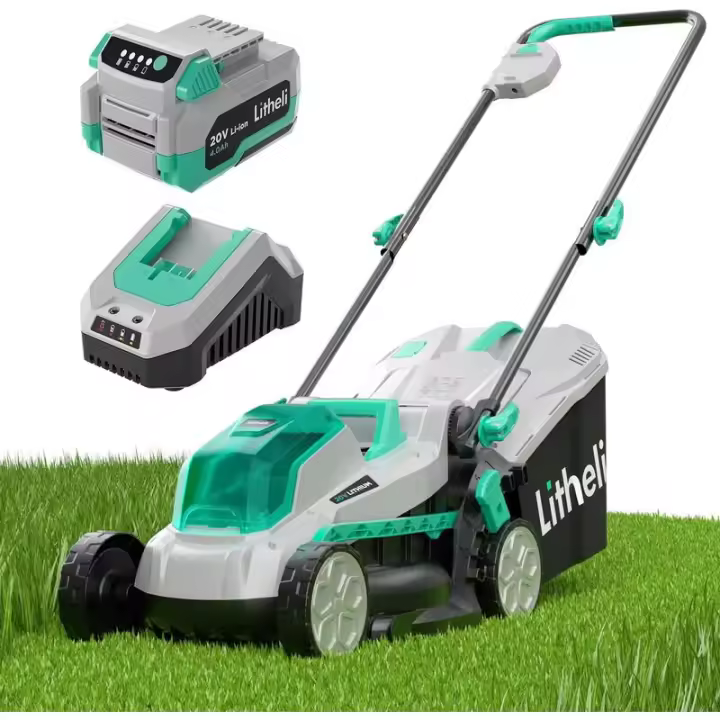 Litheli Cortacésped inalámbrico de 13 pulgadas, 5 alturas, cortacésped eléctrico de 20 V para jardín y patio, con motor sin escobillas, batería de 4,0 Ah y - 1