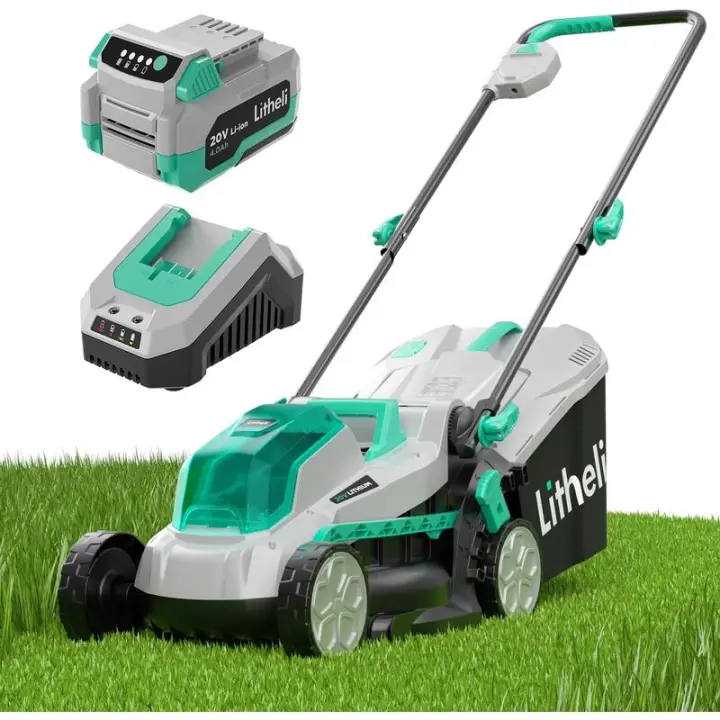 Litheli Cortacésped inalámbrico de 13 pulgadas, 5 alturas, cortacésped eléctrico de 20 V para jardín y patio, con motor sin escobillas, batería de 4,0 Ah y - 1