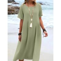 Vestido de manga corta con cuello redondo de color sólido estilo vacaciones de verano 2025 - details 4