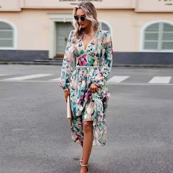Vestido de manga larga con cuello en V estampado informal para vacaciones de otoño a la moda para mujer - 1