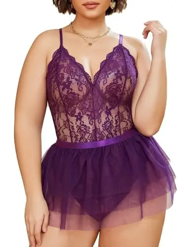 Camisón con cuello en V de muñeco de peluche de encaje para mujer, lencería de talla grande con minifalda de malla desmontable - 1