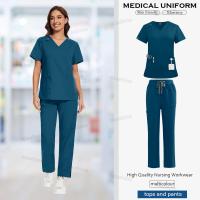 Ropa de trabajo, conjuntos de uniformes elásticos, uniforme de enfermera, uniforme médico para mujer, conjuntos de pantalones rectos de manga corta con cuello en V - details 14