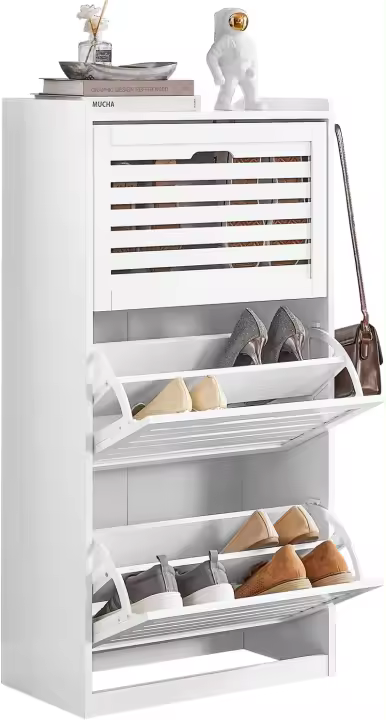Zapatero con 3 solapas y 2 ganchos Armario de entrada Zapatero estrecho Organizador 55 x 30 x 112 cm FSR108-W ES - 1
