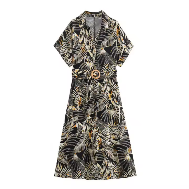 - Vestido camisero estampado de mezcla de lino para mujer, estilo europeo americano, ligero y lujoso - 1