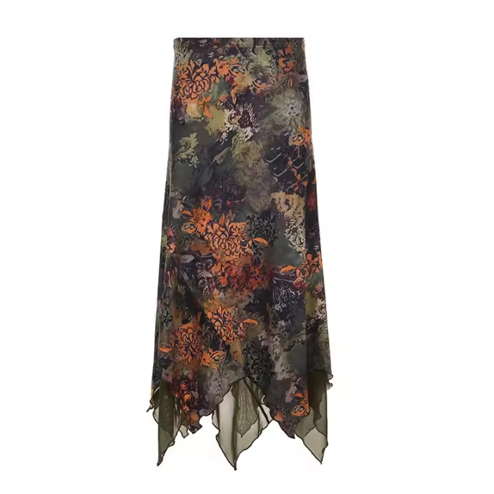 BUNO-faldas largas con estampado floral vintage para mujer, faldas largas irregulares elegantes, falda ajustada verde única, pantalones de primavera retro Y2K - 1